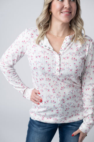 Button Snap Henley Top - Micro Pink Floral