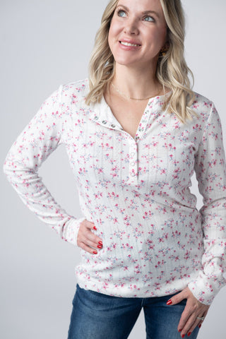 Button Snap Henley Top - Micro Pink Floral