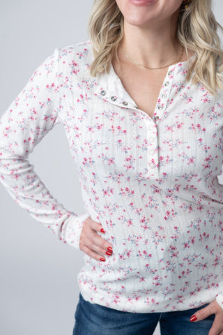 Button Snap Henley Top - Micro Pink Floral
