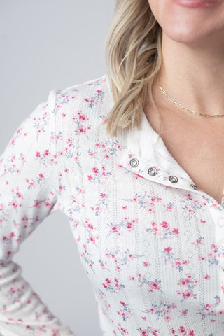 Button Snap Henley Top - Micro Pink Floral