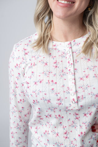 Button Snap Henley Top - Micro Pink Floral