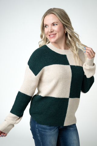 Checkered Block Sweater - Cream and Evergreen