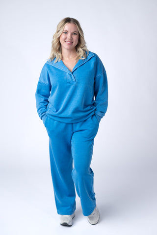 Wide Leg Vintage Wash Bottoms - Winter Blue