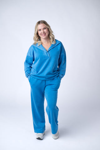 Wide Leg Vintage Wash Bottoms - Winter Blue