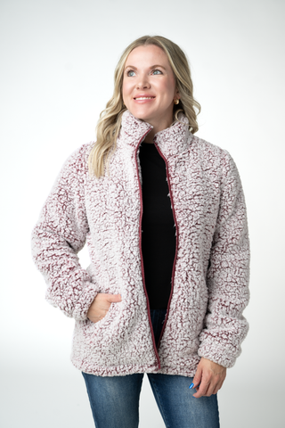 Two Tone Fullzip Sherpa - Cranberry and White