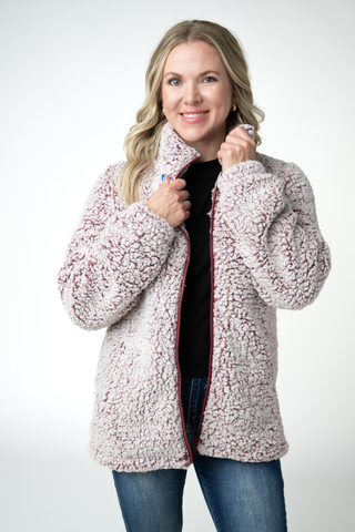 Two Tone Fullzip Sherpa - Cranberry and White