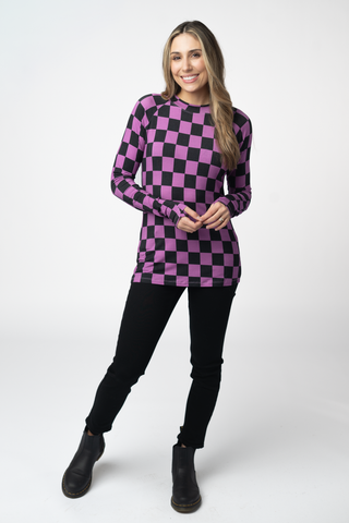 Blair Long Sleeve Top - Black and Purple Checkers