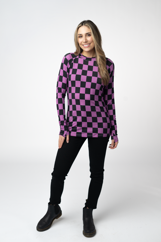 Blair Long Sleeve Top - Black and Purple Checkers