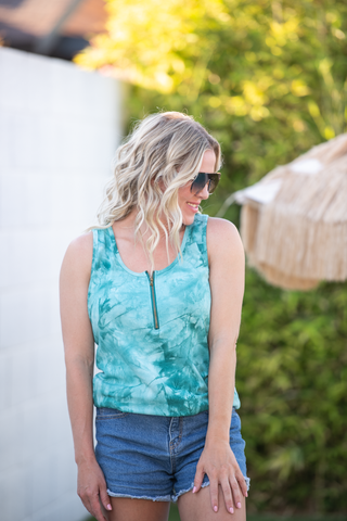 Mila Zipper Tank - Teal Tie Dye