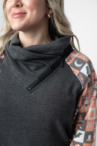 Zoey ZipCowl Sweatshirt -Trick-or-Treat Checkered and Charcoal