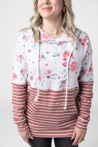 Hailey Pullover Hoodie - Pink Bloom and Stripes