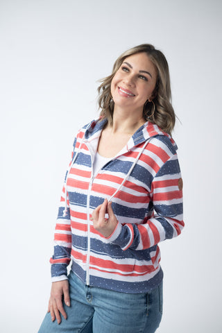 Fullzip Hoodie - Striped Red, White, and Micro Blue Stars