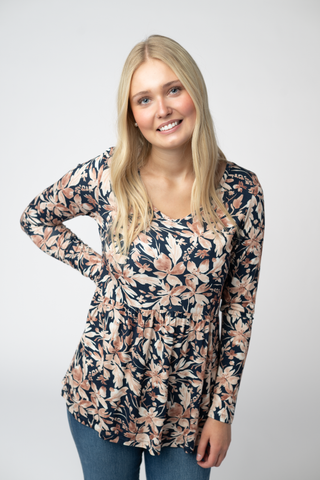 Long Sleeve Sarah Ruffle Top - Navy Autumn Petals