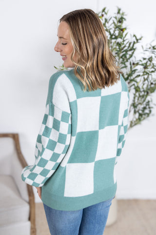 Checkered Pullover Sweater - Dusty Jade