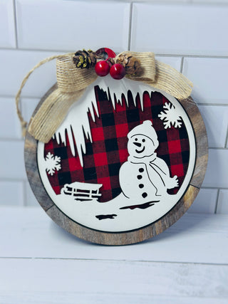 Wooden Snowman Scene Ornament