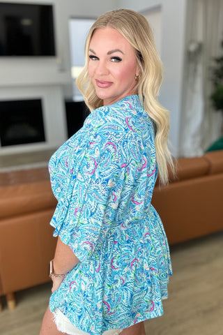 Dreamer Peplum Top in Blue and Teal Paisley