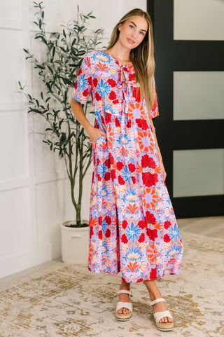 PREORDER: Half Sleeve Poplin Woven Dress in Pink and Blue Floral