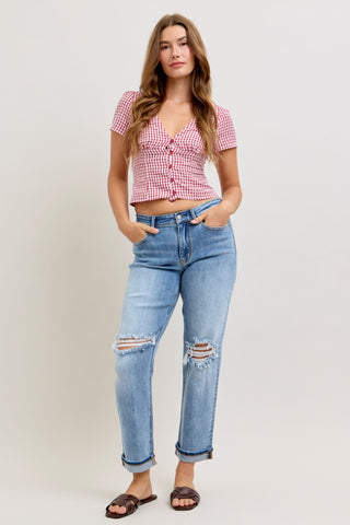 Elaine Mid Rise Boyfriend with Distress & Cuff