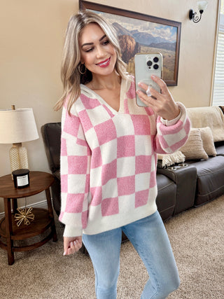 Checkered Hoodie - Pink and White