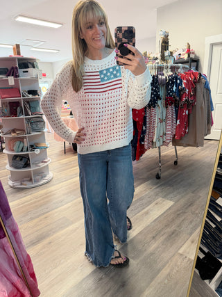 USA Sequin Flag Open Knit Pullover
