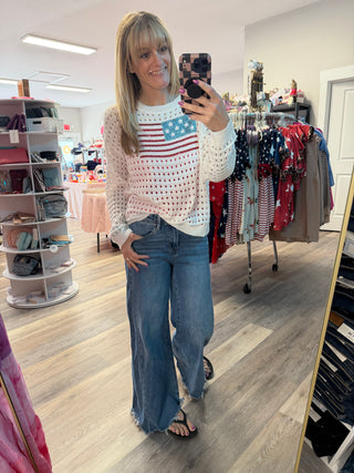 USA Sequin Flag Open Knit Pullover