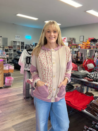 Floral Patchwork Button-Up Hoodie