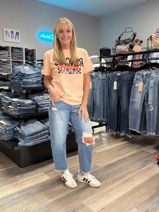 Risen High Rise Crop Barrel Distressed Jean