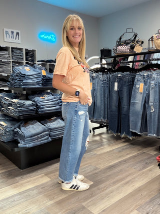 Risen High Rise Crop Barrel Distressed Jean