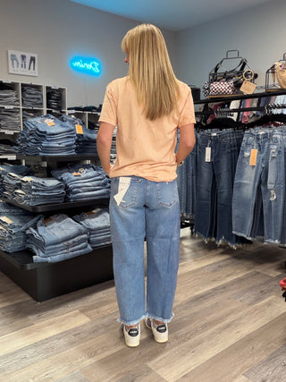 Risen High Rise Crop Barrel Distressed Jean