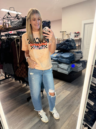Risen High Rise Crop Barrel Distressed Jean