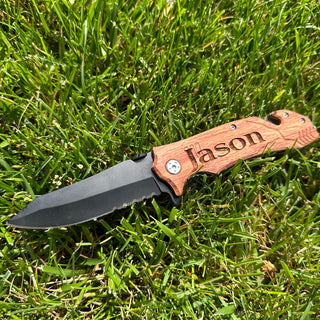 Engraved Wood Rescue Knife