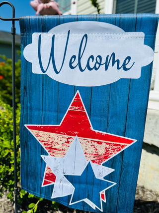 Patriotic USA Welcome Red White Blue Stars Garden Flag