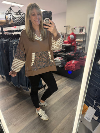Leopard Mixed Kangaroo Pocket Pullover Hoodie