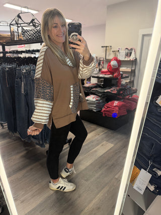 Leopard Mixed Kangaroo Pocket Pullover Hoodie
