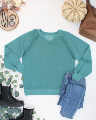 Lace Accent Vintage Wash Pullover - Teal