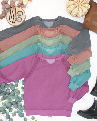 Lace Accent Vintage Wash Pullover - Teal
