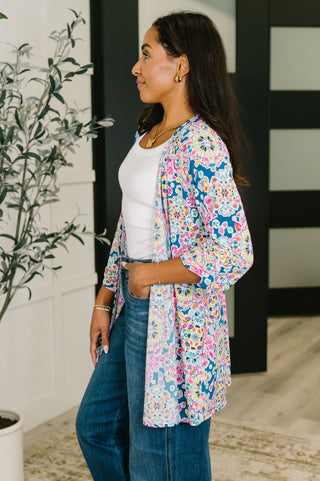 Lizzy Cardigan in Teal and Pink Floral Abstract