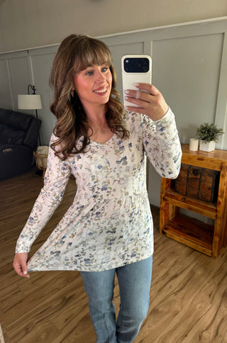 Long Sleeve Sarah Ruffle Top - Olive Meadow