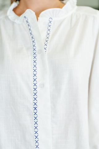 PREORDER: Machine Embroidered Details Ruffle Neck Blouse