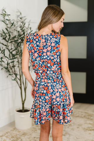 Meadow Mischief Sleeveless Dress in Navy/Orange/Teal