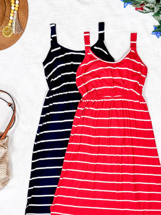 Reagan Ribbed Midi Dress - Red Stripes