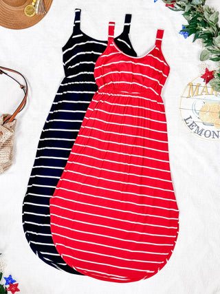 Reagan Ribbed Midi Dress - Red Stripes