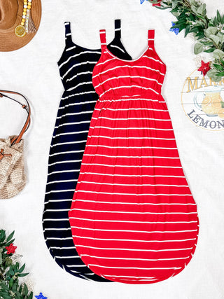 Reagan Ribbed Midi Dress - Red Stripes