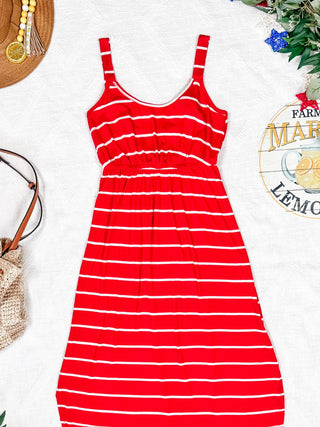 Reagan Ribbed Midi Dress - Red Stripes