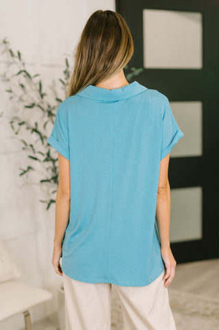 Sea You Soon Collared Top in Costal Blue