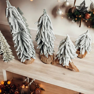 Snow Topped Christmas Trees With Wood & Jute Base