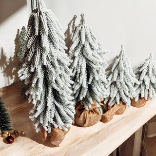 Snow Topped Christmas Trees With Wood & Jute Base