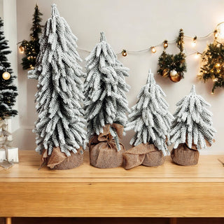 Snow Topped Christmas Trees With Wood & Jute Base