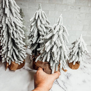 Snow Topped Christmas Trees With Wood & Jute Base