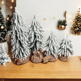 Snow Topped Christmas Trees With Wood & Jute Base